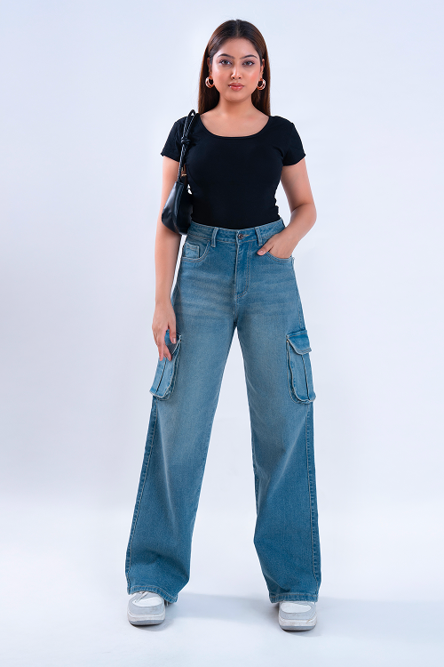 Vintage Wash Whisker Wide Leg Cargo Jeans