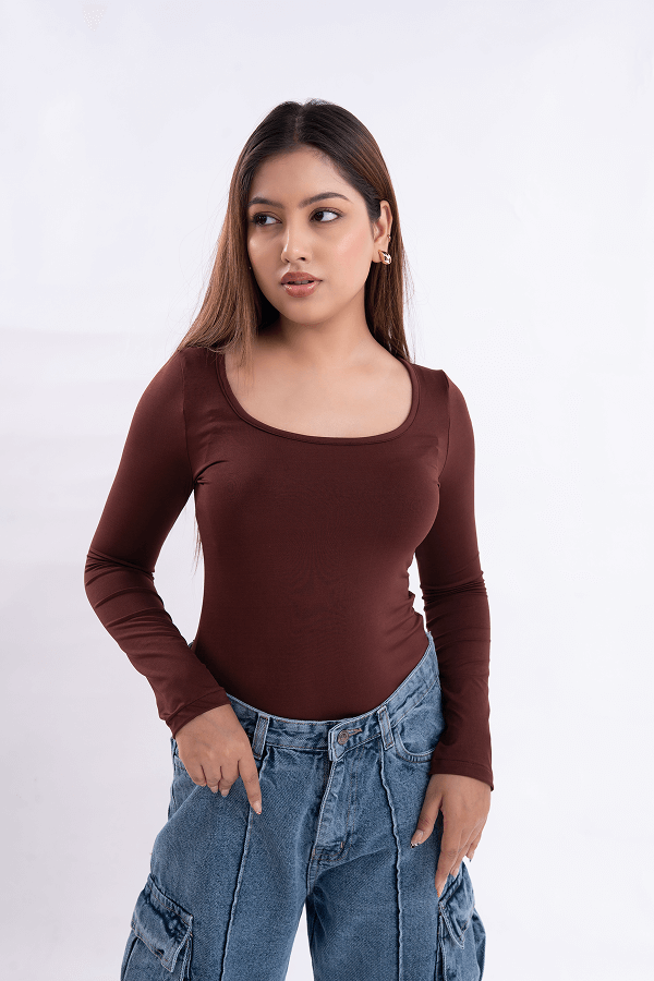 Brown Scoop Neck Full Sleeve Top