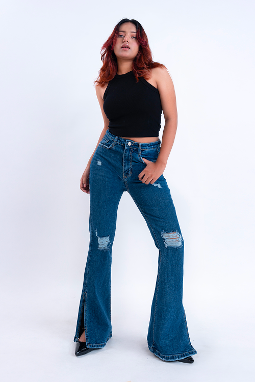CLASSIC Oxford Blue Knee Distress Side Slit Bootcut Jeans
