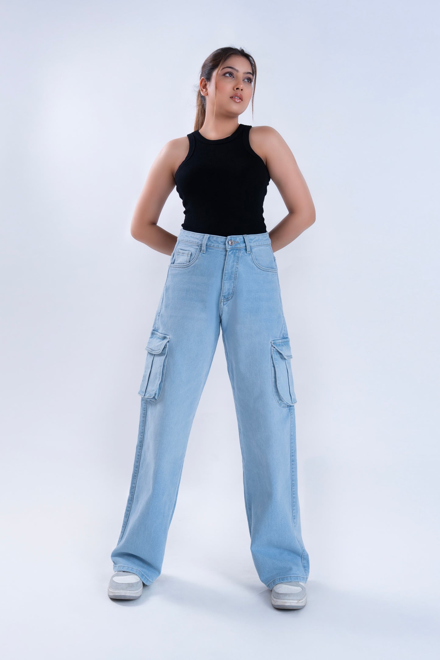 Ice Blue Whisker Wide Leg Cargo Jeans