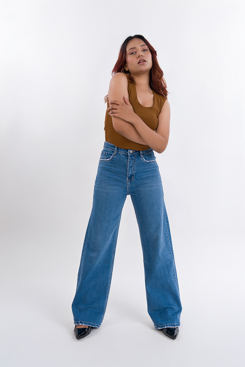 PREMIUM Stretchable Semi Raw-Hem Stone Blue Whisker Straight Fit Jeans
