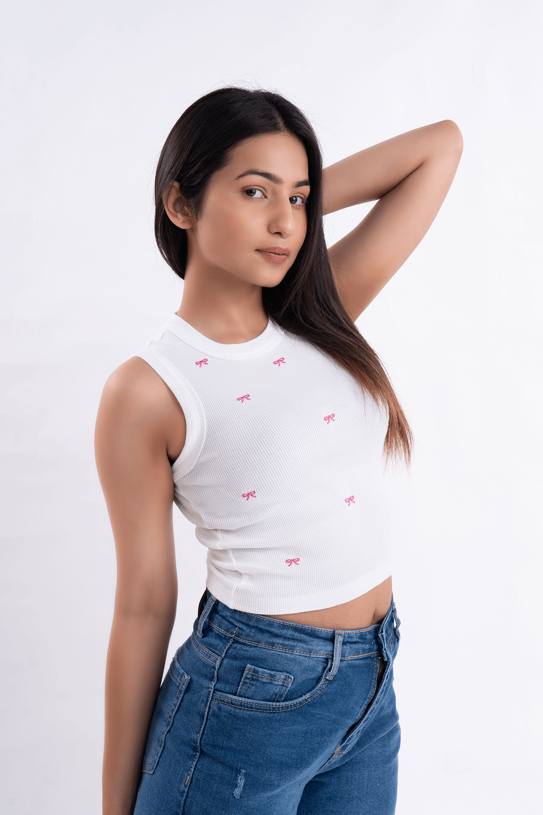 Baby Pink Bow Embroiderd Ribbed Tank Top