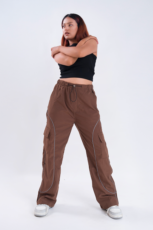CLOUD FIT Brown String Parachute Pants