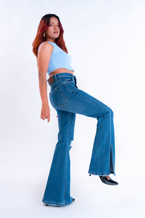 CLASSIC Stone Blue Knee Distress Side Slit Bootcut Jeans