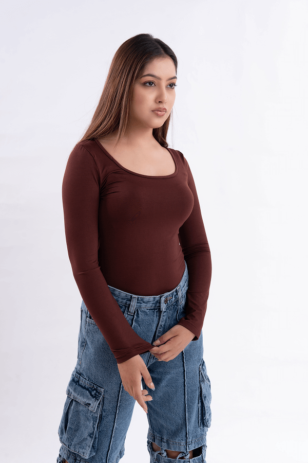 Brown Scoop Neck Full Sleeve Top