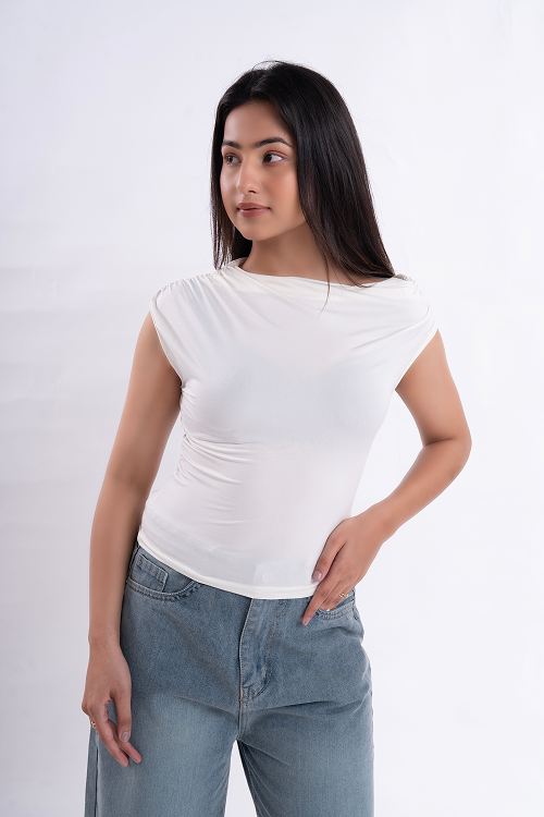 White Asymmetrical Neck Ruched Top