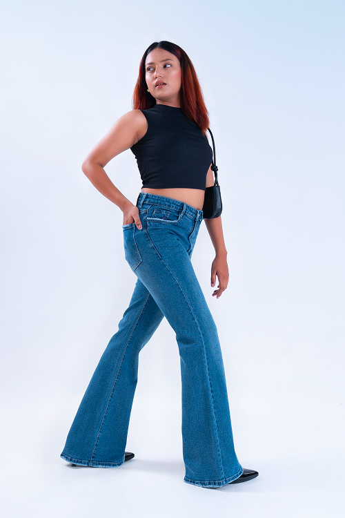 FLARED Semi Raw-Hem Stone Blue Whisker Bootcut Jeans