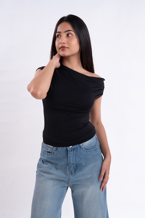 Black Asymmetrical Neck Ruched Top