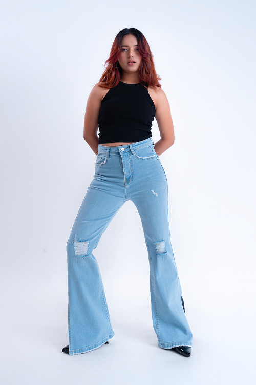 CLASSIC Ice Blue Knee Distress Side Slit Bootcut Jeans