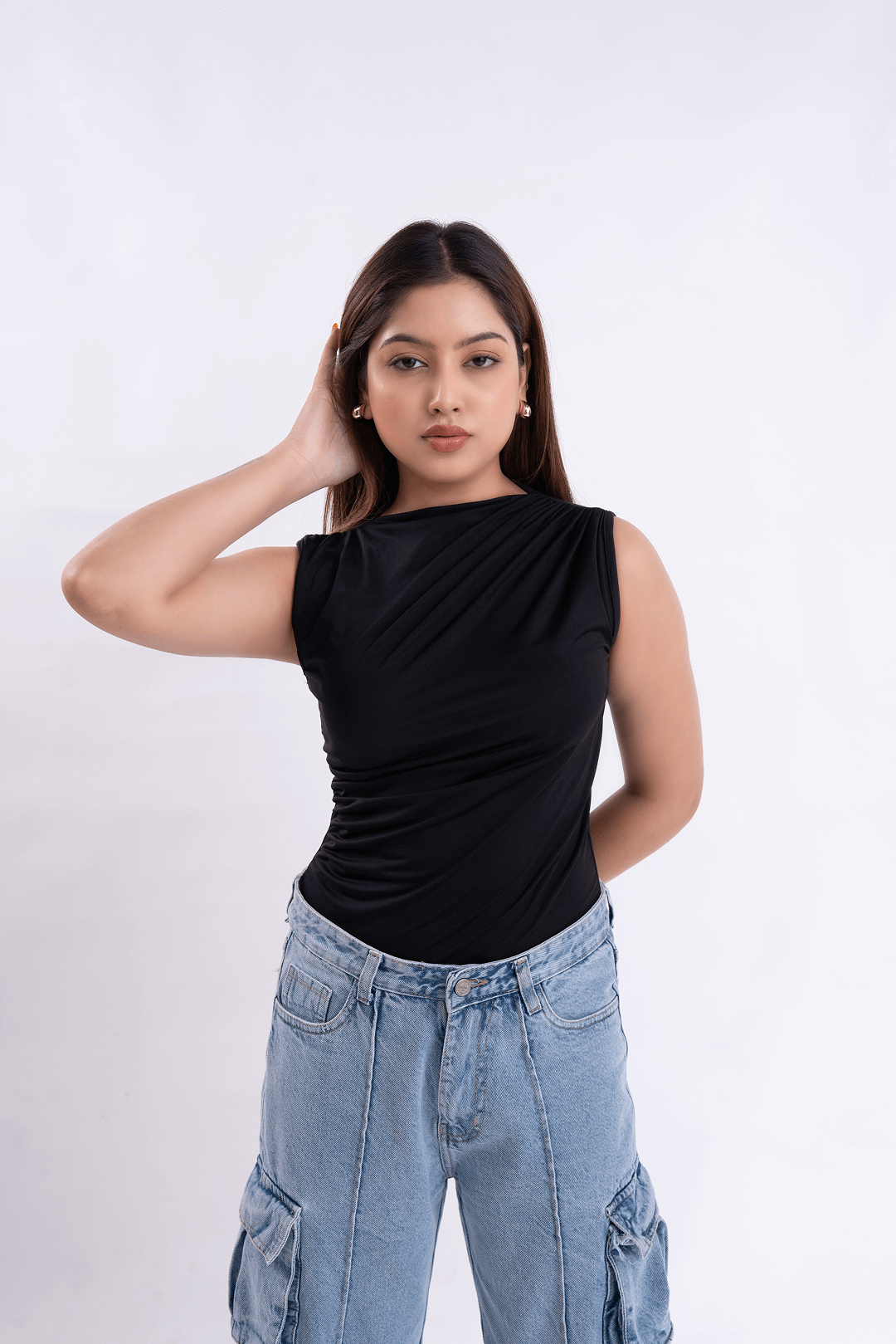 Black Gathered High Neck Top