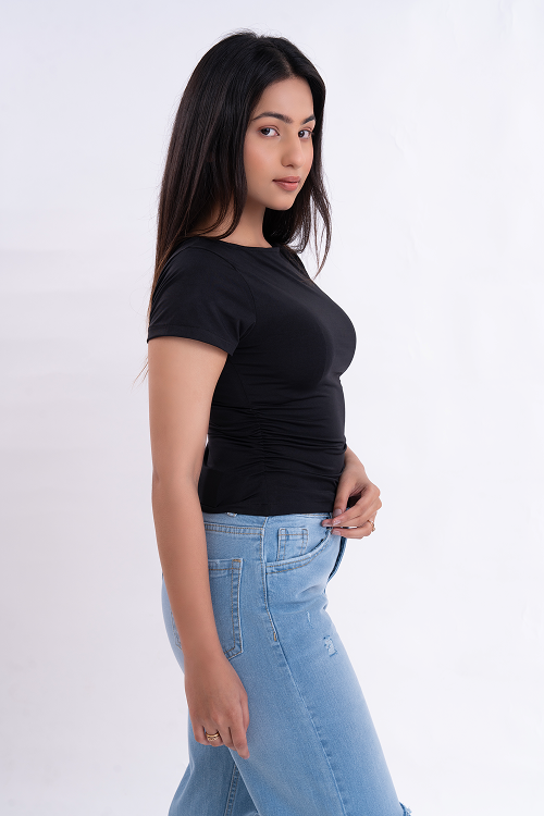 Black Half Sleeve Ruched Round Neck Top