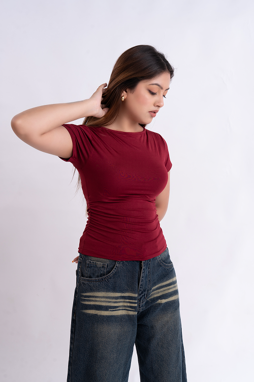 Maroon Half Sleeve Ruched Round Neck Top