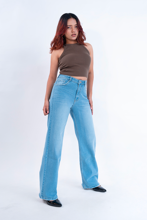PREMIUM Stretchable Semi Raw-Hem Ice Blue Whisker Straight Fit Jeans