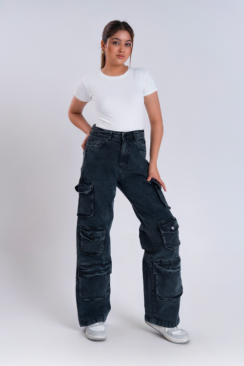 LUXURY Iron Grey Multipocket Cargo Whisker Straight Fit Jeans