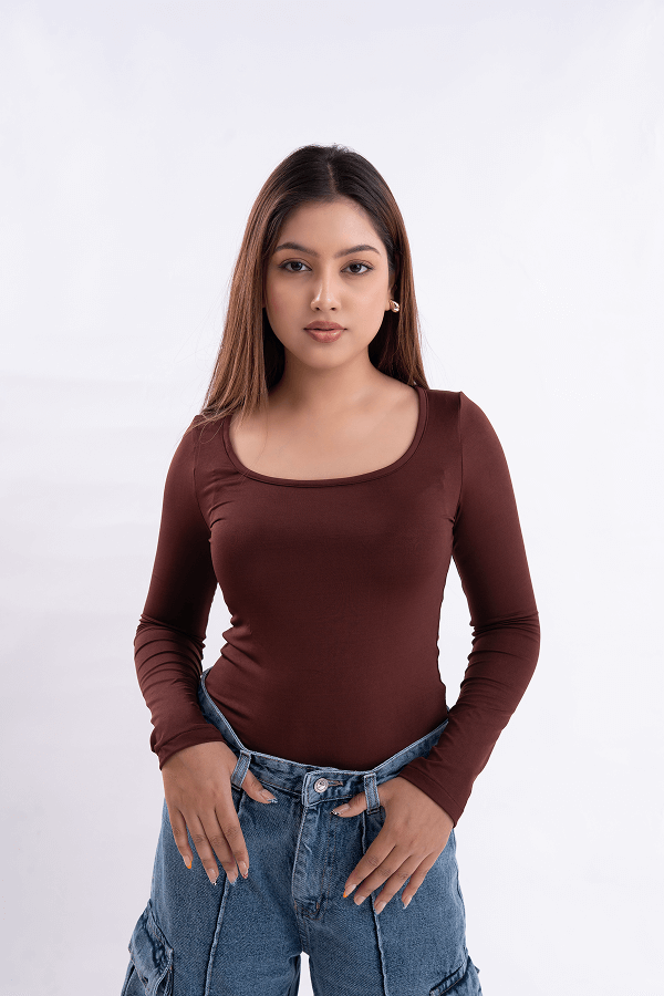 Brown Scoop Neck Full Sleeve Top