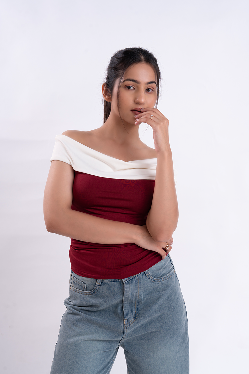 Maroon And White Off Shoulder Top