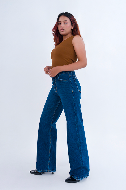 PREMIUM Stretchable Semi Raw-Hem Deep Blue Whisker Straight Fit Jeans