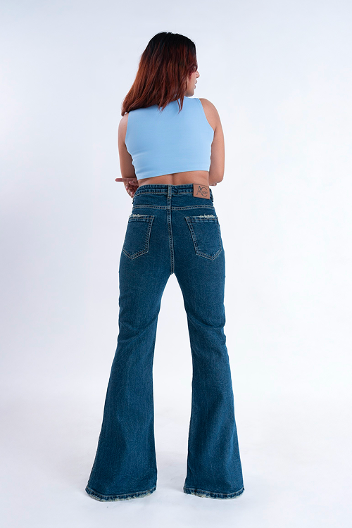 CLASSIC Vintage Blue Knee Distress Side Slit Bootcut Jeans