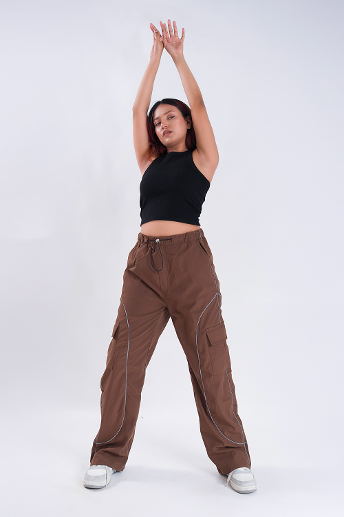 CLOUD FIT Brown String Parachute Pants