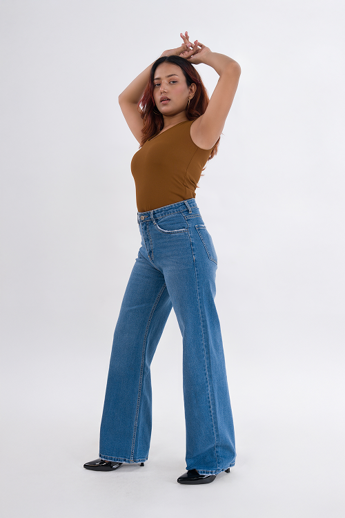 PREMIUM Stretchable Semi Raw-Hem Stone Blue Whisker Straight Fit Jeans