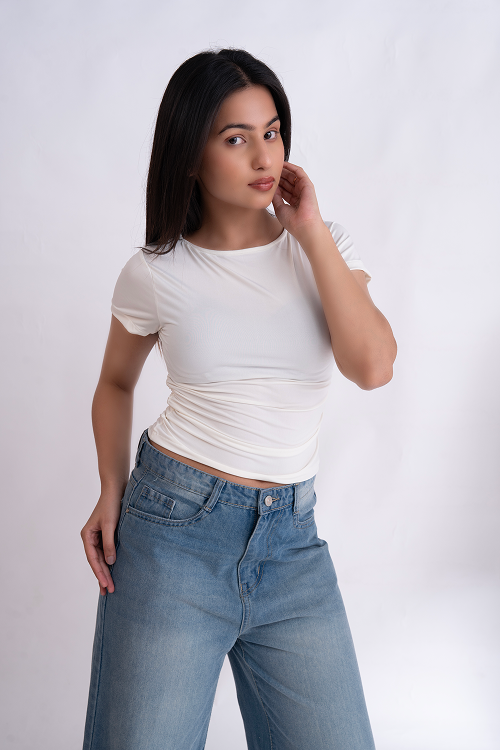 White Half Sleeve Ruched Round Neck Top