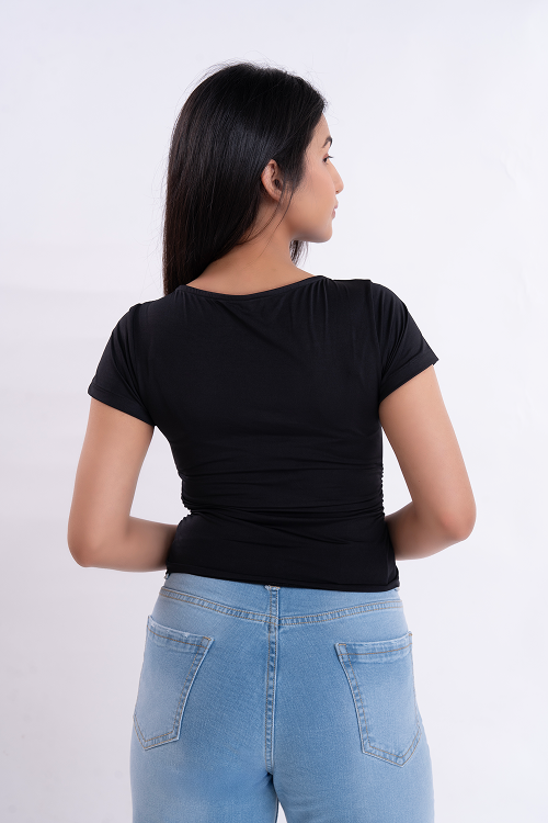 Black Half Sleeve Ruched Round Neck Top