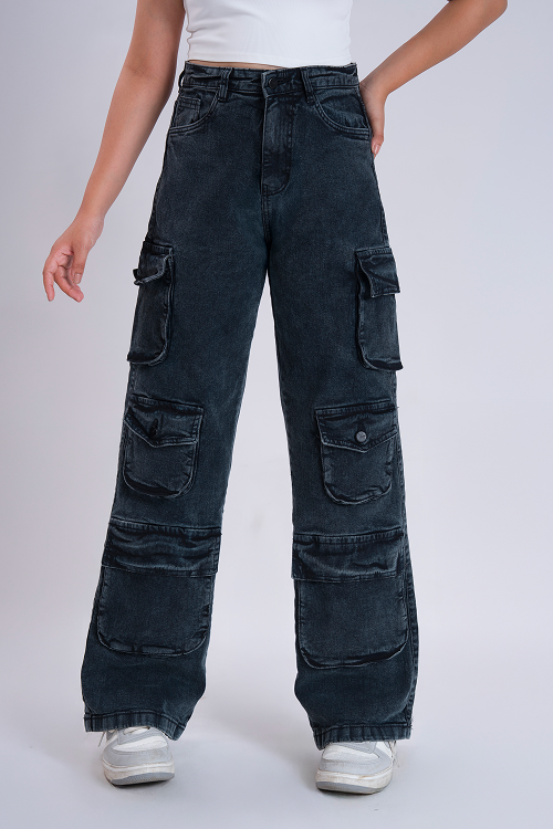 LUXURY Iron Grey Multipocket Cargo Whisker Straight Fit Jeans