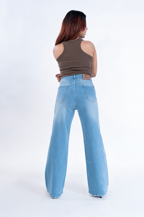 PREMIUM Stretchable Semi Raw-Hem Ice Blue Whisker Straight Fit Jeans