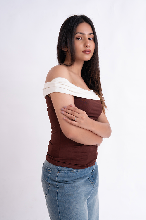 Brown And White Off Shoulder Top