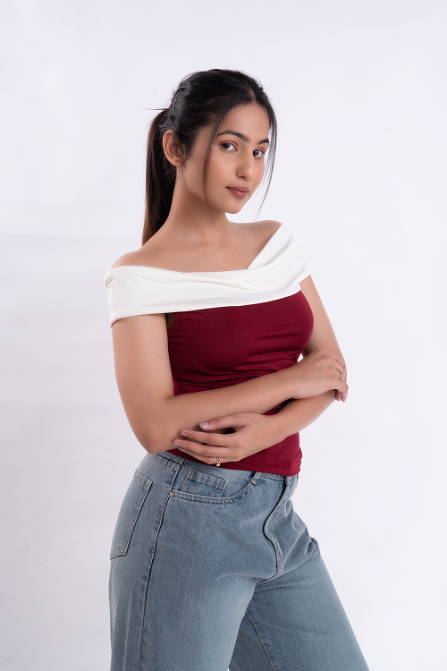 Maroon And White Off Shoulder Top