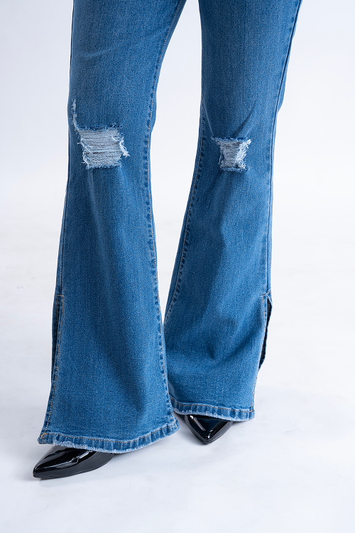 CLASSIC Stone Blue Knee Distress Side Slit Bootcut Jeans