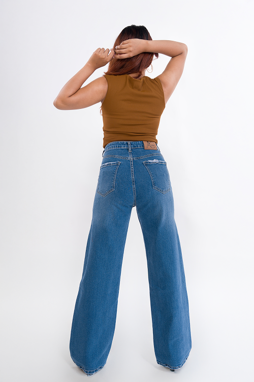 PREMIUM Stretchable Semi Raw-Hem Stone Blue Whisker Straight Fit Jeans
