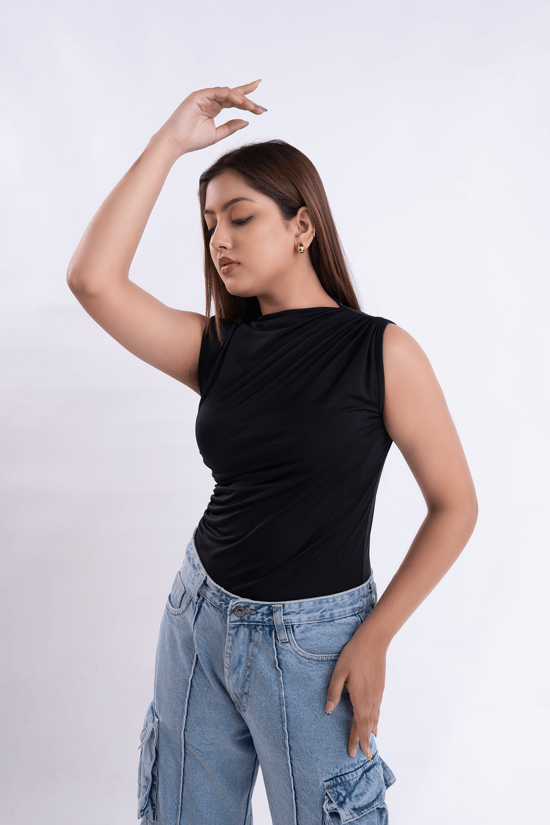 Black Gathered High Neck Top