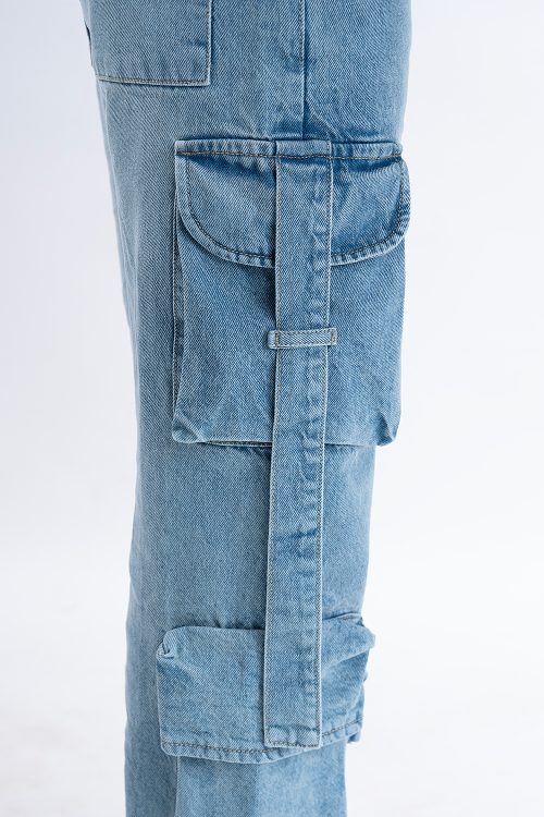 Faded Ice Blue Street Pocket Baggy Fit HEAVY Cargo Jeans