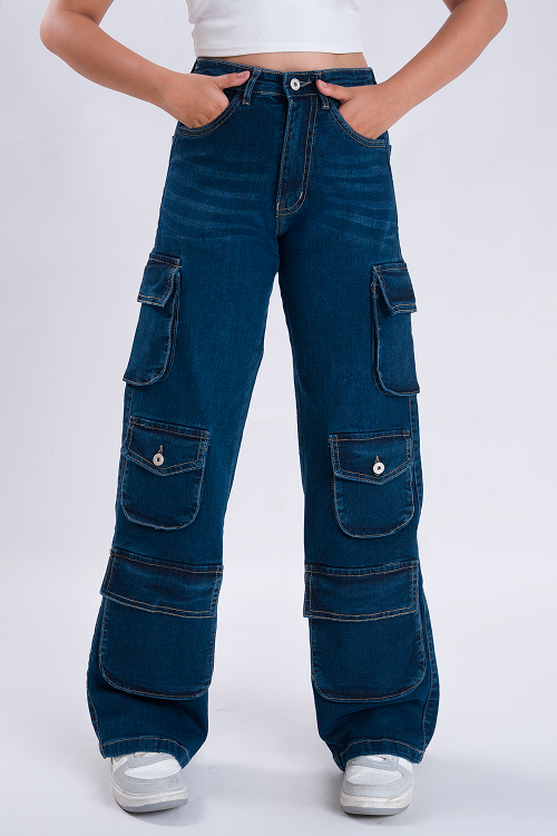 LUXURY Oxford Blue Multipocket Cargo Whisker Straight Fit Jeans