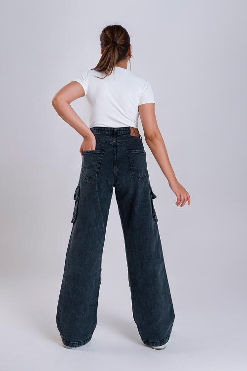 LUXURY Iron Grey Multipocket Cargo Whisker Straight Fit Jeans