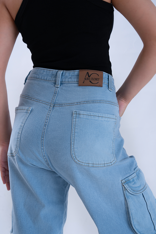 Ice Blue Whisker Wide Leg Cargo Jeans