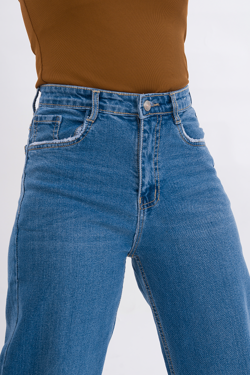 PREMIUM Stretchable Semi Raw-Hem Stone Blue Whisker Straight Fit Jeans