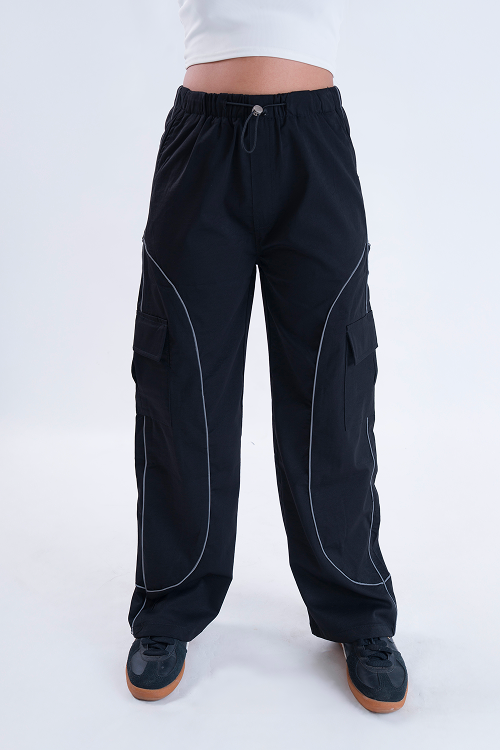 CLOUD FIT Black String Parachute Pants