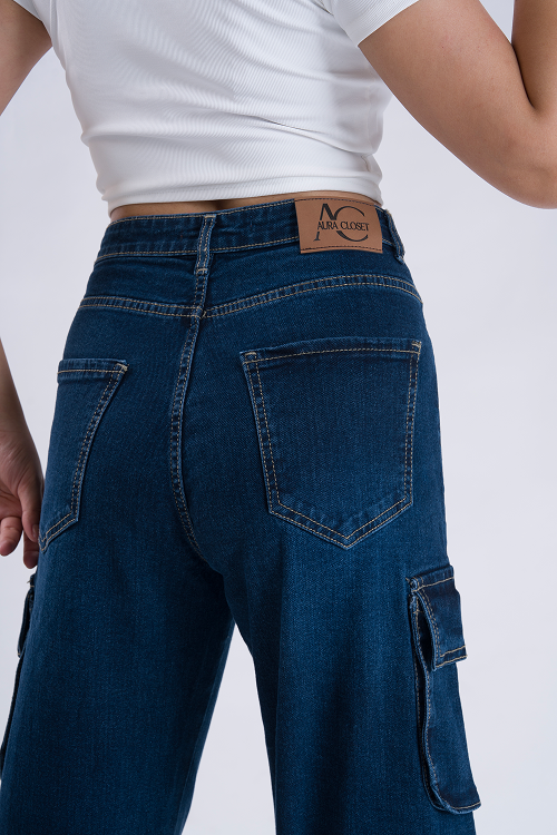 LUXURY Oxford Blue Multipocket Cargo Whisker Straight Fit Jeans