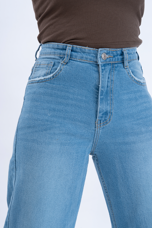 PREMIUM Stretchable Semi Raw-Hem Ice Blue Whisker Straight Fit Jeans