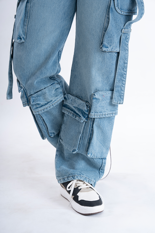 Faded Ice Blue Street Pocket Baggy Fit HEAVY Cargo Jeans