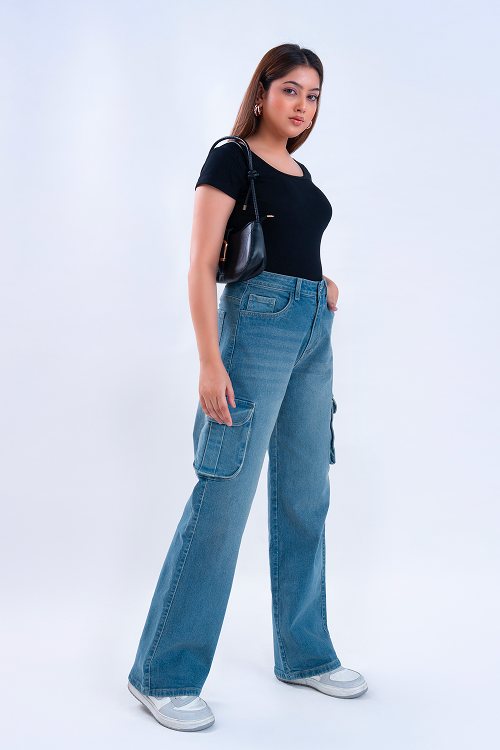 Vintage Wash Whisker Wide Leg Cargo Jeans