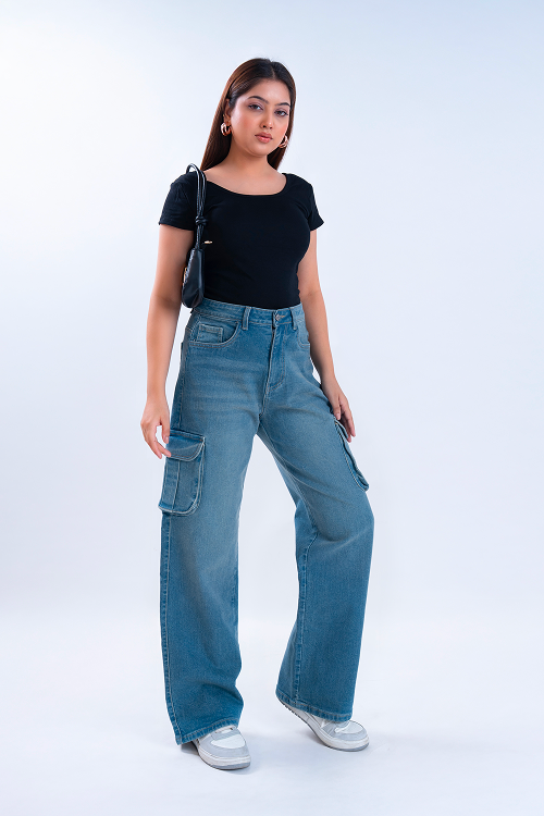 Vintage Wash Whisker Wide Leg Cargo Jeans