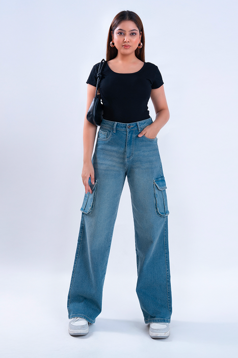 Vintage Wash Whisker Wide Leg Cargo Jeans