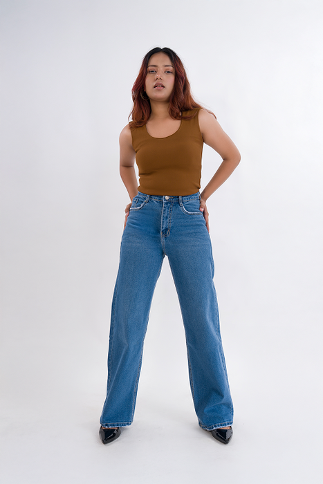 PREMIUM Stretchable Semi Raw-Hem Stone Blue Whisker Straight Fit Jeans