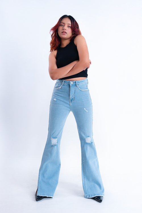 CLASSIC Ice Blue Knee Distress Side Slit Bootcut Jeans
