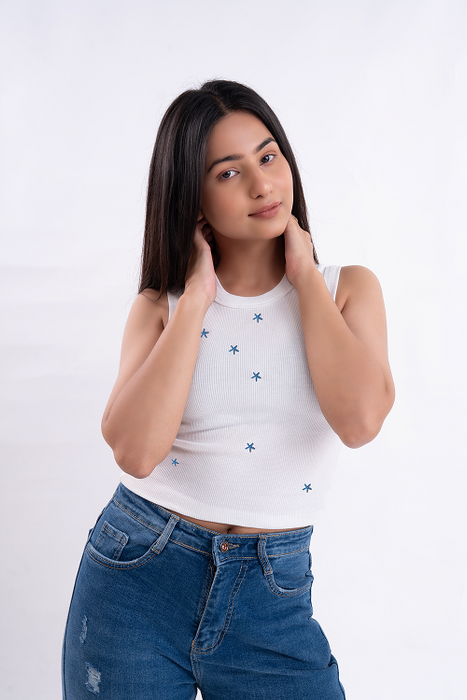 Blue Floral Embroiderd Ribbed Tank Top