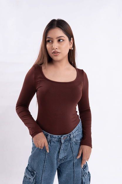 Brown Scoop Neck Full Sleeve Top
