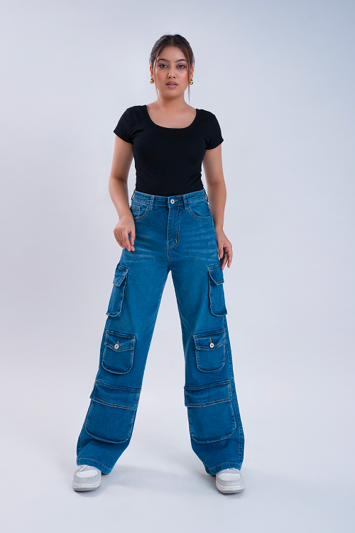 LUXURY Stone Blue Multipocket Cargo Whisker Straight Fit Jeans